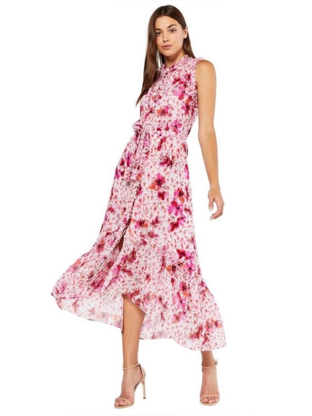Misa Women’s Sz M Pink Gardenia Floral Chiffon Ruffle Aurelie Dress Hi Low Hem